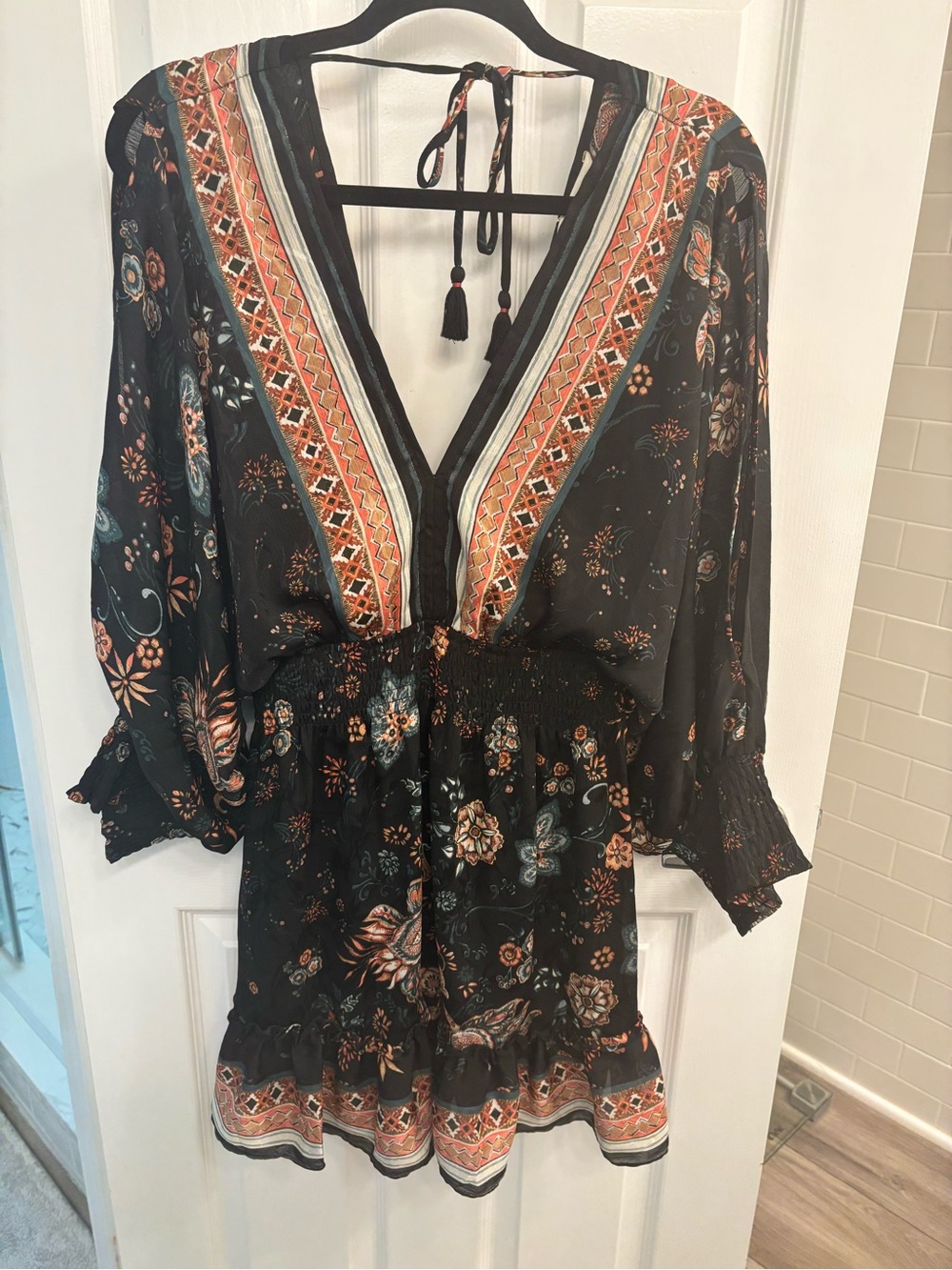 lovestitch Black Floral V-Neck Tie-Back Mini Dress with Rust & Teal Accents